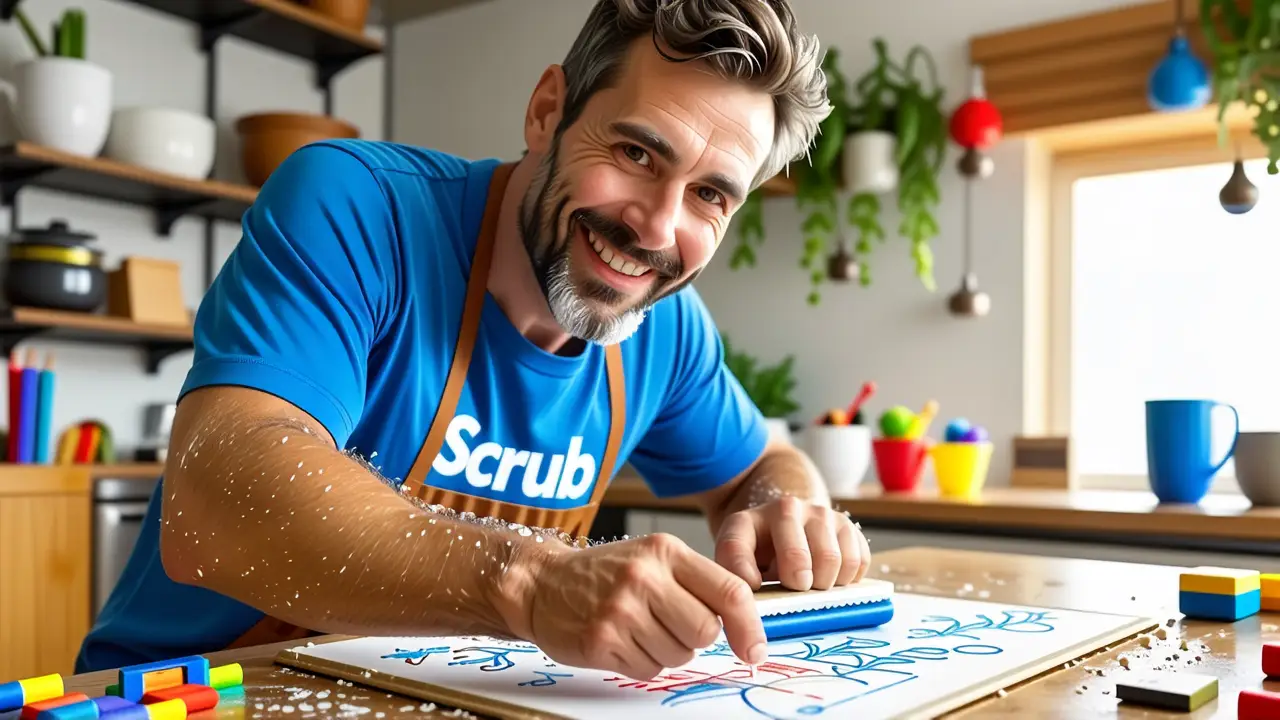 Un hombre sonriente limpia un dibujo infantil