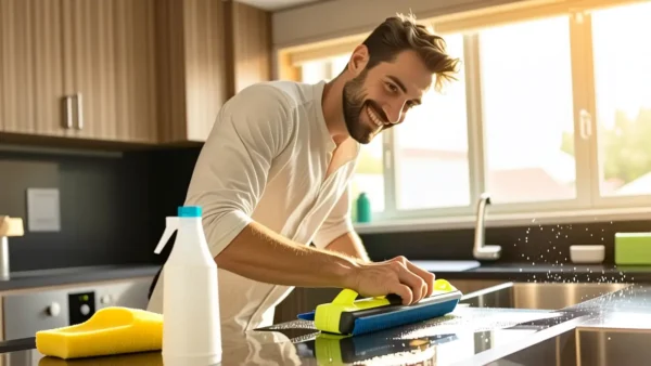 Fotógrafo captura hombre sonriendo con herramienta limpia