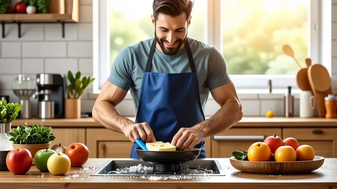 Un hombre sonriente limpia una sartén en cocina