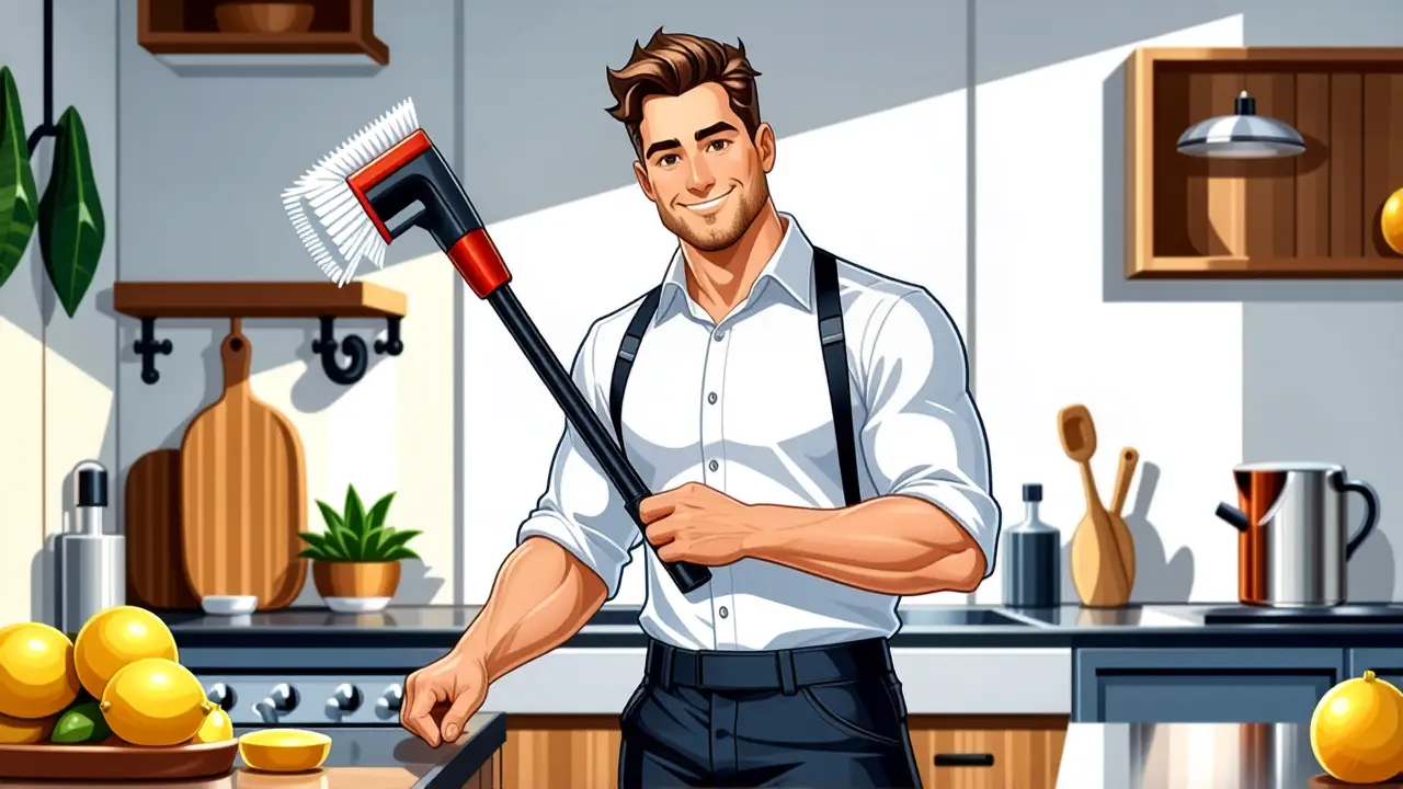 Un hombre moderno sostiene un Scrub Daddy en cocina