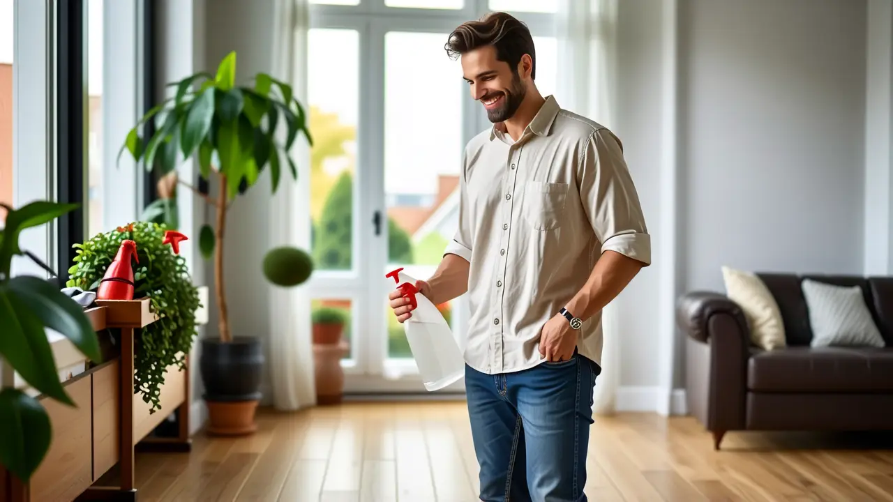 Amoníaco: Limpieza Eficaz y Segura en Casa 2 Un hombre sonríe limpiando con profesionalidad en casa