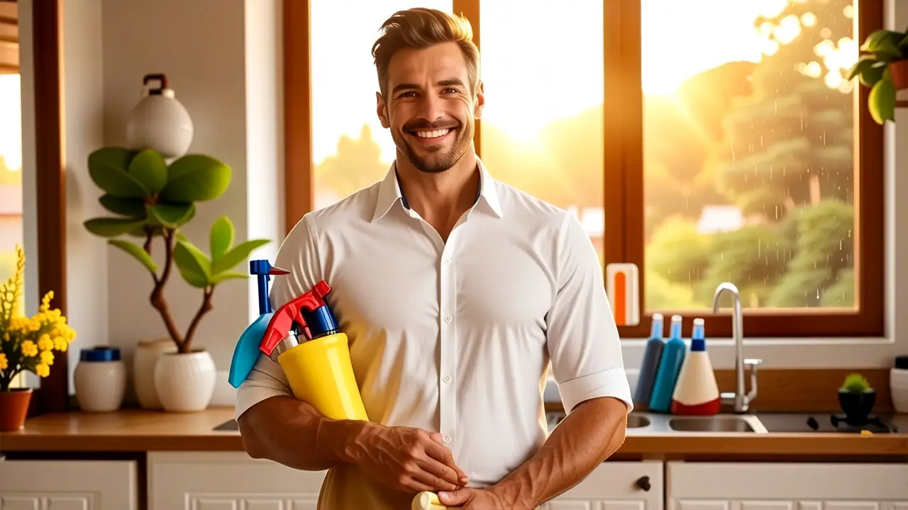 Amoníaco: Limpieza Eficaz y Segura en Casa 4 Hombre relajado en cocina soleada y cálida