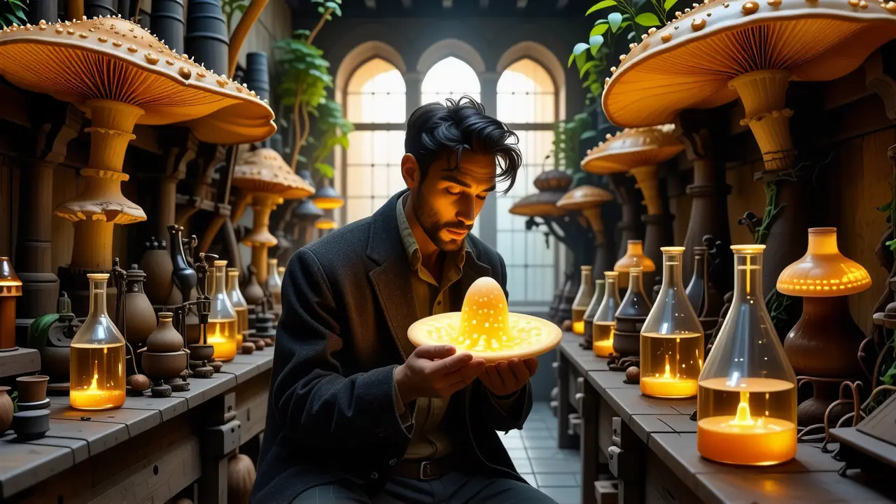 Un hombre examina un hongo mágico en laboratorio