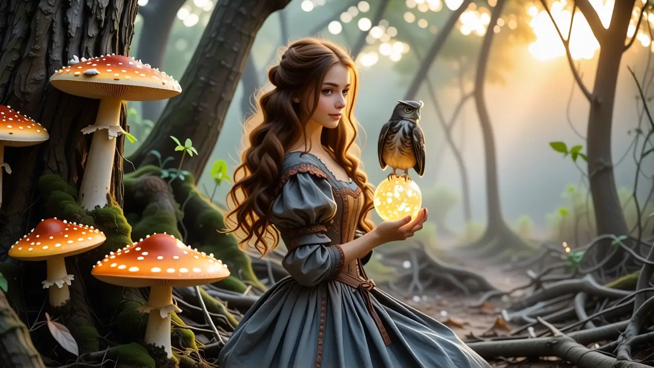 Una mujer española contempla un hongo mágico en bosque