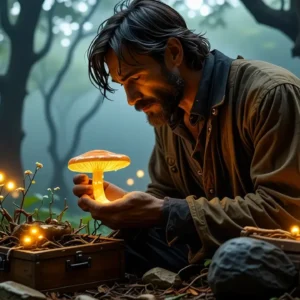 Un hombre contemplativo examina un hongo luminoso en bosque