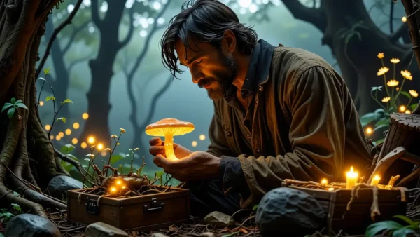 Un hombre contemplativo examina un hongo luminoso en bosque
