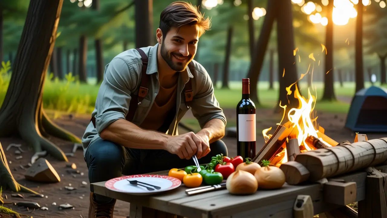 Un hombre feliz prepara comida en la naturaleza