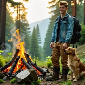 Que llevar a un camping: guía esencial para tu aventura 11 Un joven español sonríe junto a su perro en el bosque