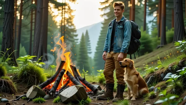 Un joven español sonríe junto a su perro en el bosque