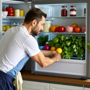 Un hombre limpia un refrigerador con luz cálida