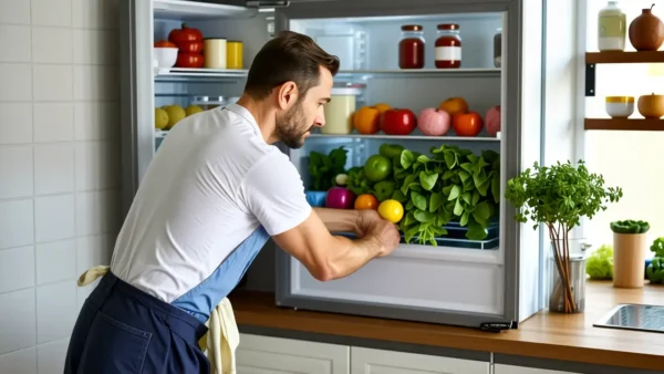 Un hombre limpia un refrigerador con luz cálida