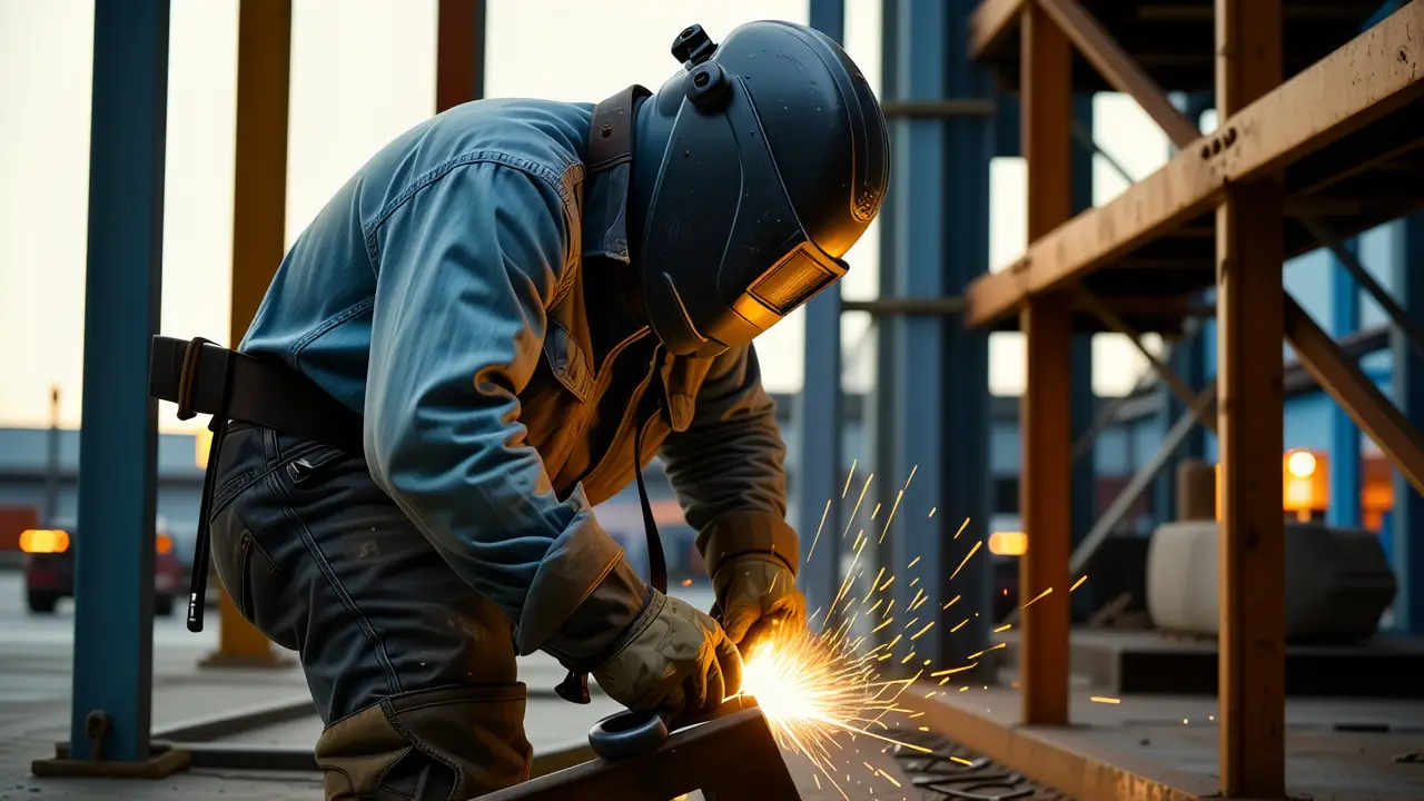 Un soldador trabaja en un entorno industrial dramático