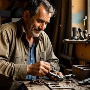 Un hombre pensativo examina metal en un taller oscuro
