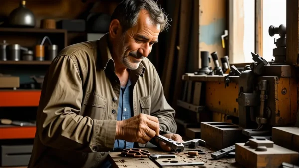Un hombre pensativo examina metal en un taller oscuro
