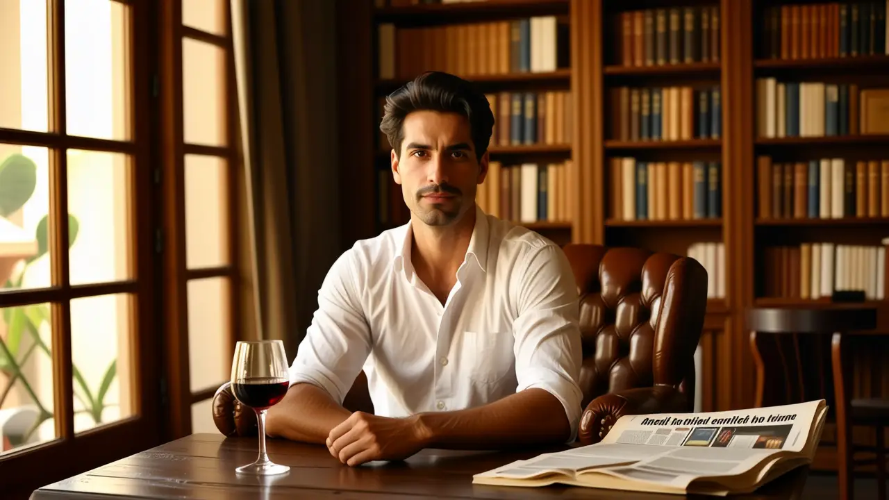 Un hombre español contemplativo en estudio clásico