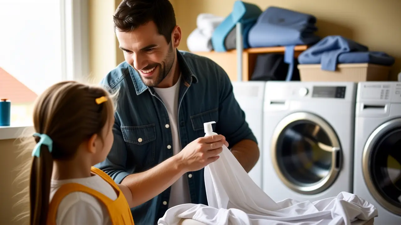 Como quitar manchas de esmalte en la ropa 2 Un hombre ayuda en una lavandería cálida