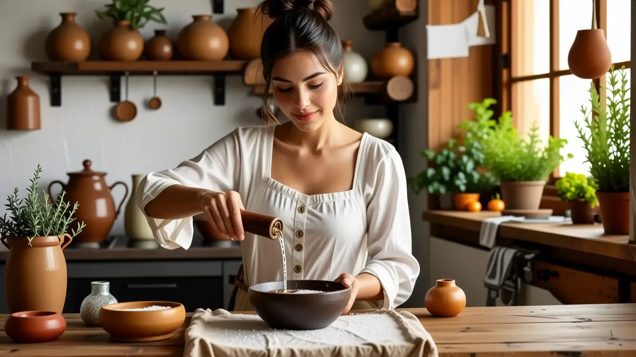 Quitar Mancha Axilas Ropa: Guía Completa 3 Una mujer española tradicional prepara salmuera en una cocina rural