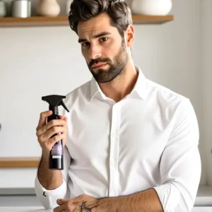 Quitar Mancha Axilas Ropa: Guía Completa 11 Hombre pensativo usa quitamanchas en la cocina