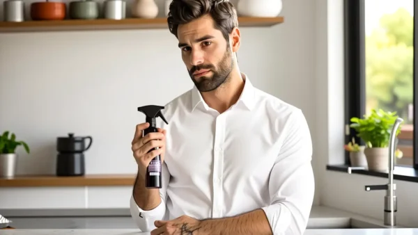 Hombre pensativo usa quitamanchas en la cocina