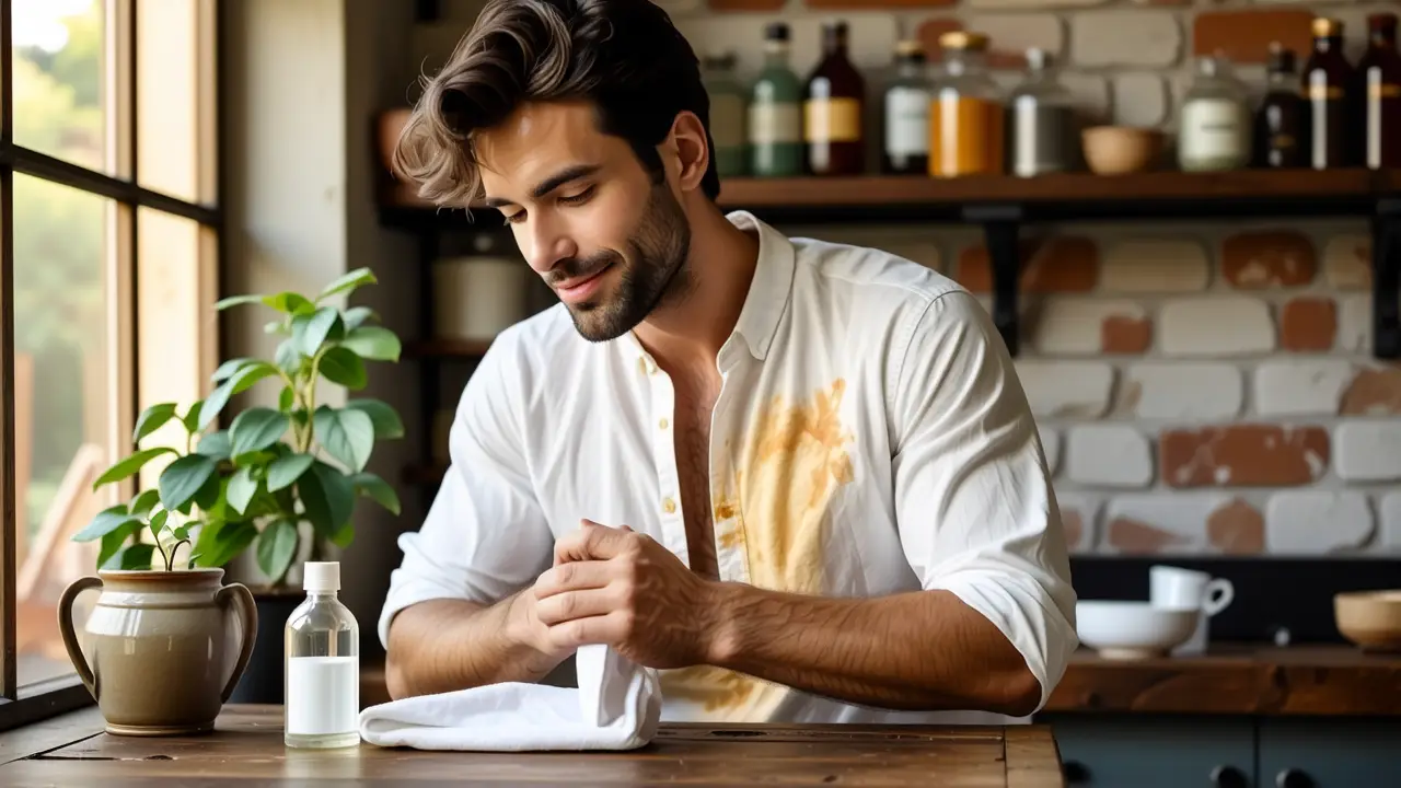 Quitar Mancha Axilas Ropa: Guía Completa 4 Un hombre dabbing su camisa en luz cálida