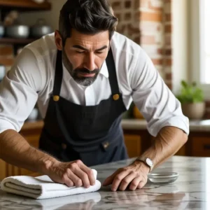 Un hombre español limpia mármol con luz cálida