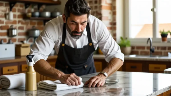 Un hombre español limpia mármol con luz cálida