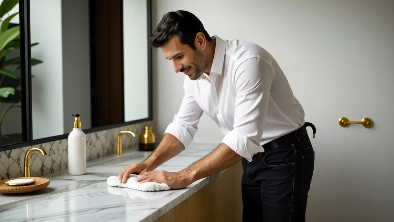 Como limpiar manchas en mármol: guía completa 4 Un hombre limpiando mármol con cuidado y luz