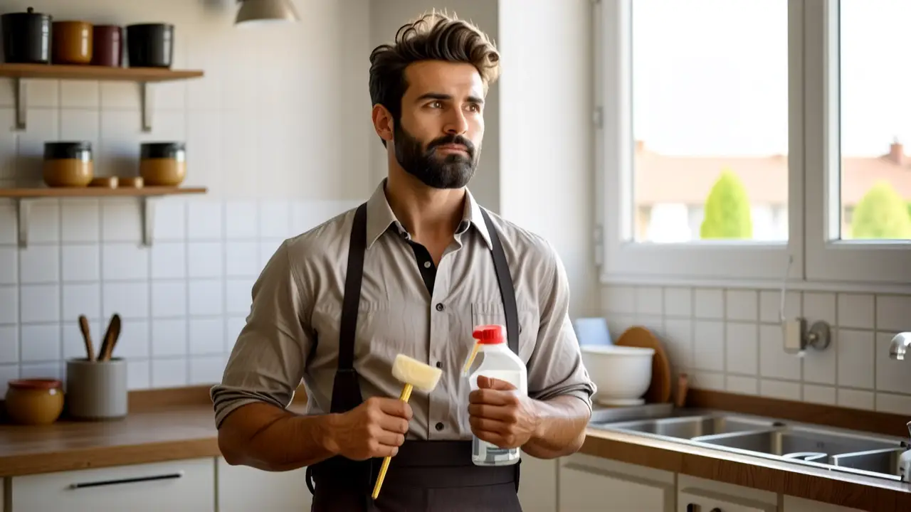 Como limpiar paredes blancas: guía completa 3 Un hombre pensativo limpia una cocina cálida
