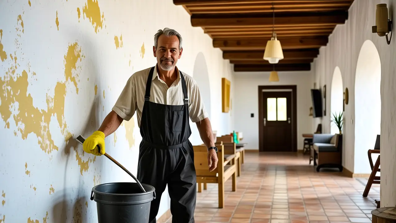 Como limpiar paredes blancas: guía completa 4 Un hombre español limpia una pared en la luz dorada