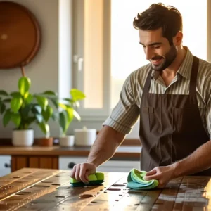Un hombre limpio limpia con luz cálida
