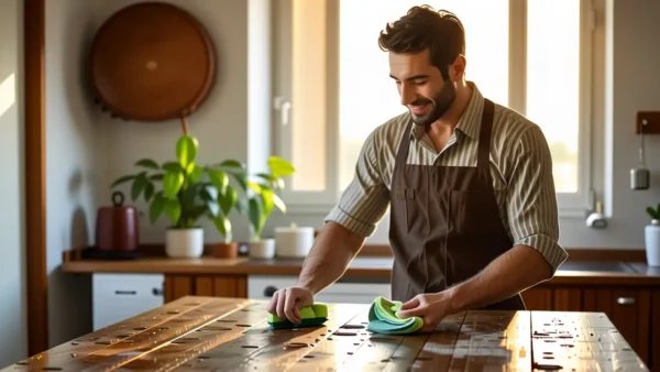 Un hombre limpio limpia con luz cálida