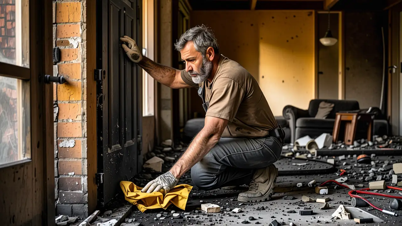 Como quitar olor humo incendio: guía completa 2 Un hombre preocupado limpia un fuego en su hogar