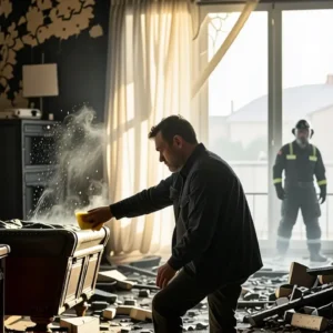 Un hombre asiste a la limpieza tras el incendio