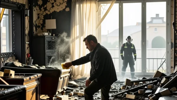 Un hombre asiste a la limpieza tras el incendio