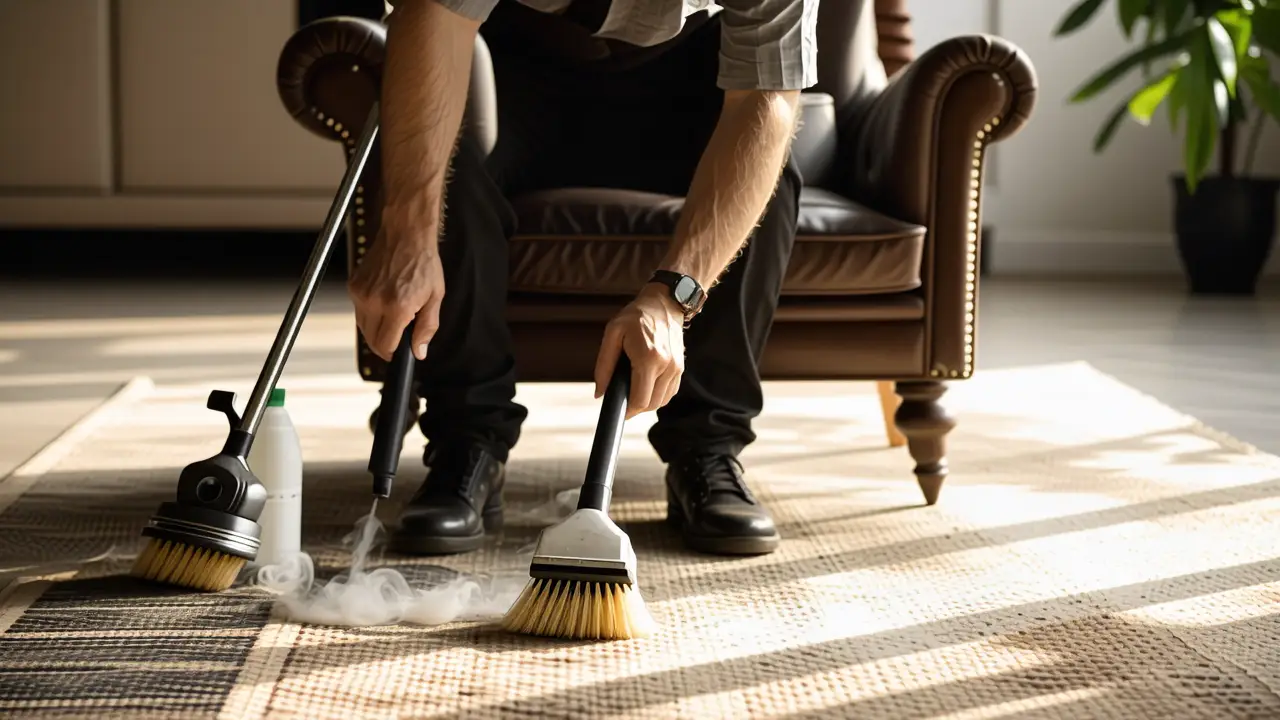 Como quitar olor humo incendio: guía completa 4 Un hombre limpia un tapiz con cuidado