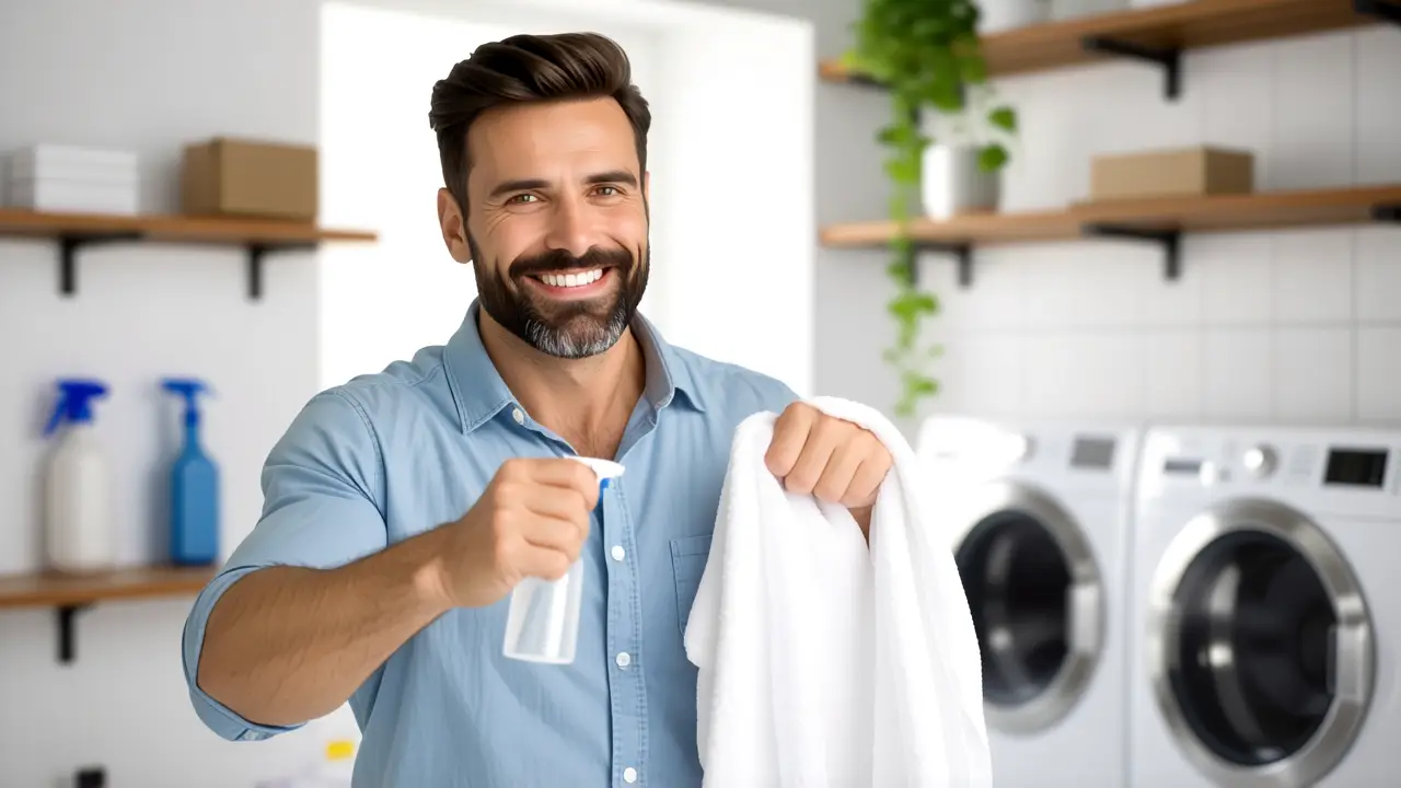 Quitar olor toallas: guía fácil y efectiva 4 Un hombre español rocía un paño en una lavandería moderna