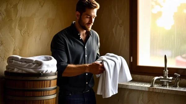 Un hombre pensativo en ropa casual junto a la lavandería