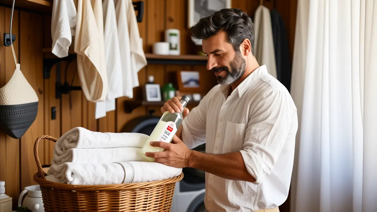 Quitar olor toallas: guía fácil y efectiva 3 Un hombre español tranquilo sirve vinagre en una lavandería cálida