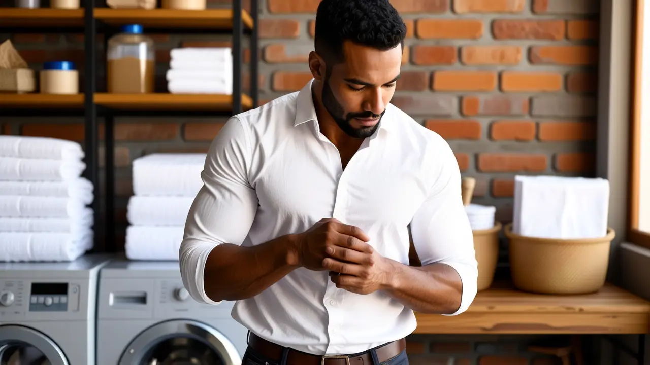 Quitar olor toallas: guía fácil y efectiva 2 Un hombre contempla una toalla en luz cálida