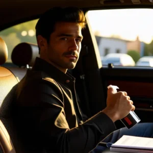 Un hombre pensativo en un coche vintage