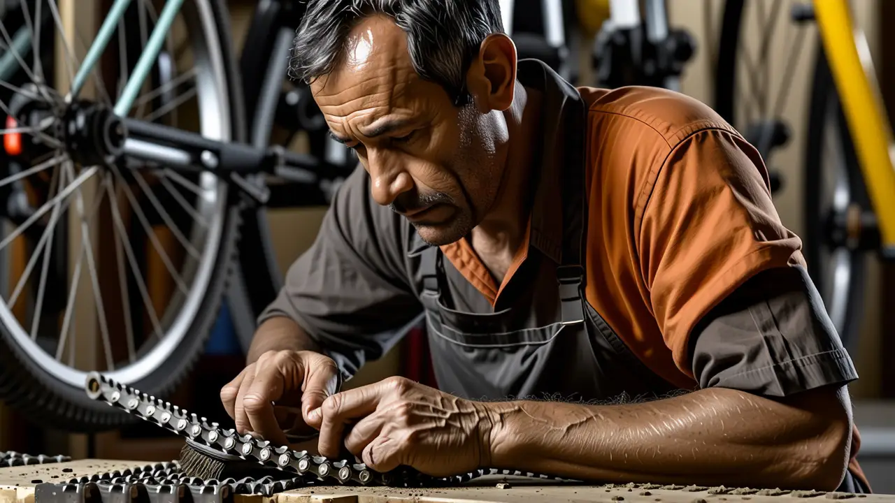 Quitar Oxido Cadena: Limpieza Bici Profesional 2 Un mecánico trabaja con detalle en una bicicleta