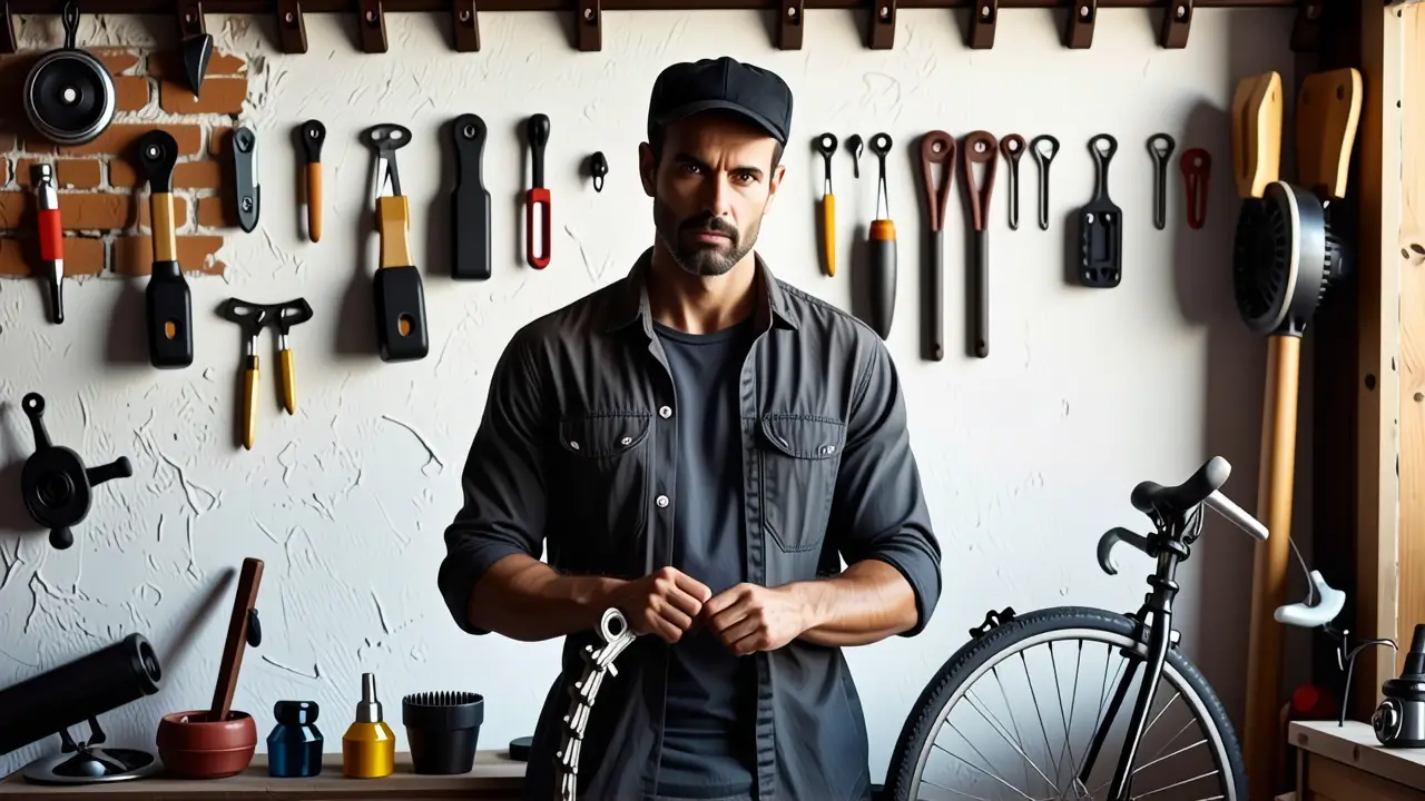 Quitar Oxido Cadena: Limpieza Bici Profesional 6 Un hombre limpiando bicicleta en taller oscuro