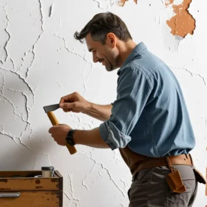 Un hombre rasca pared en un hogar rústico