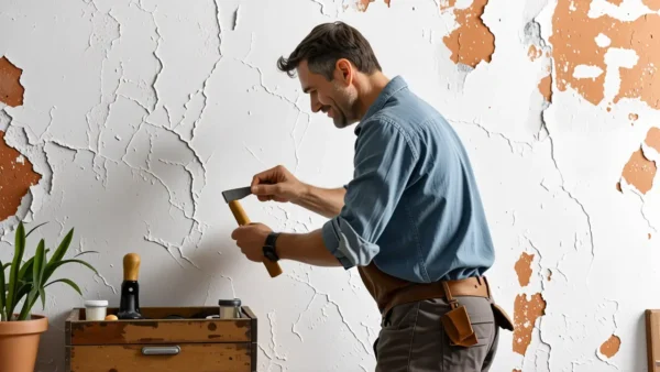 Un hombre rasca pared en un hogar rústico