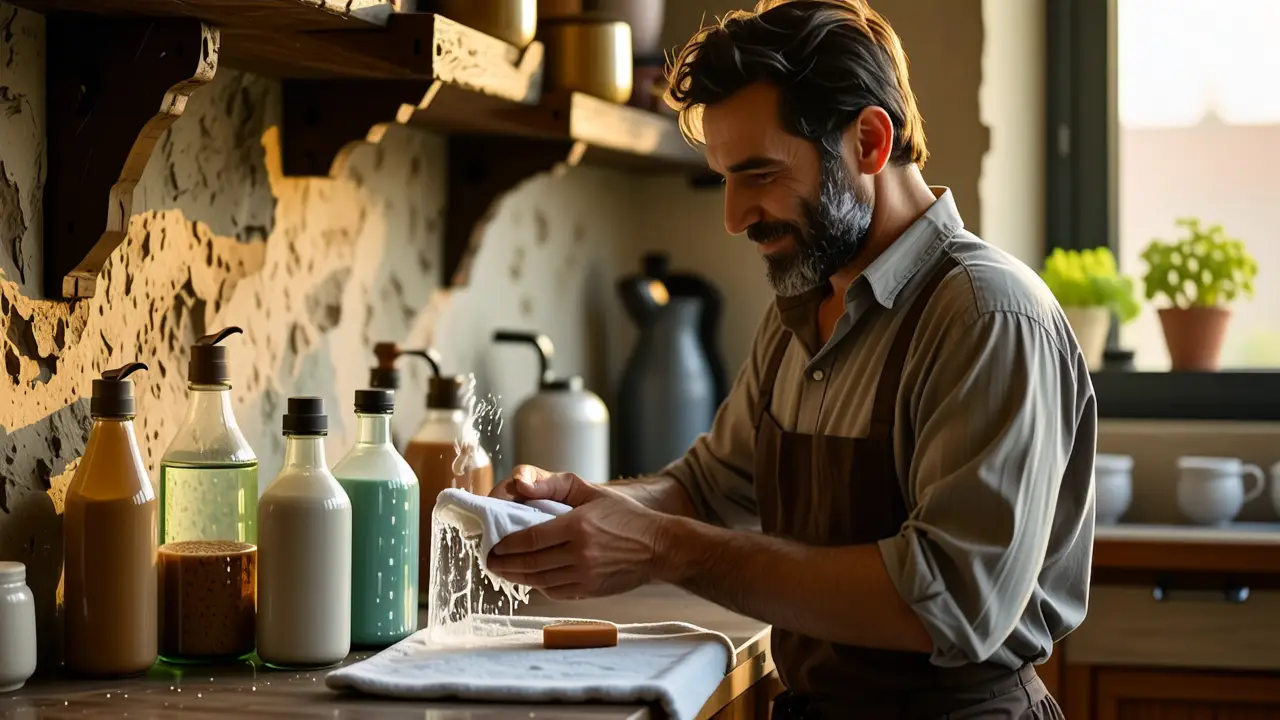 Como quitar pegamento del cristal: Guía fácil 2 Un hombre español limpia suavemente vidrio en cocina