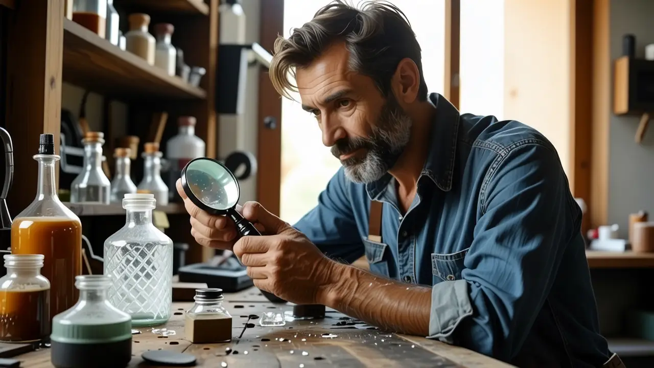 Como quitar pegamento del cristal: Guía fácil 3 Un hombre español realista aplica solvente con cuidado