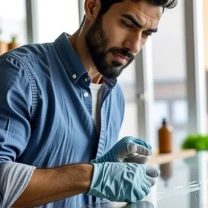 Un hombre limpio limpia con atención la ventana