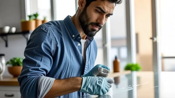 Como quitar pegamento del cristal: Guía fácil 1 Un hombre limpio limpia con atención la ventana