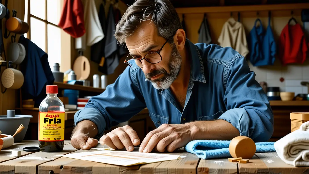 Quitar manchas de pegamento: guía fácil 2 Un hombre preocupado aplica solución en cocina