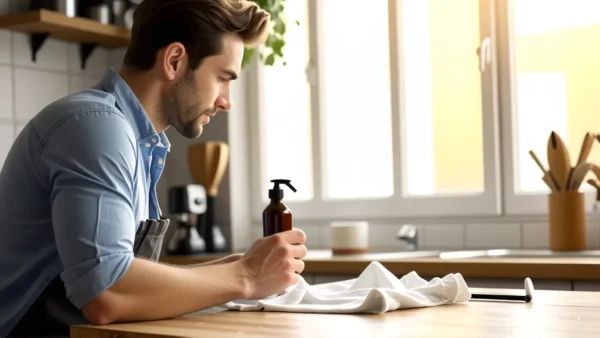 Quitar manchas de pegamento: guía fácil 1 Un hombre limpia con cuidado en cocina